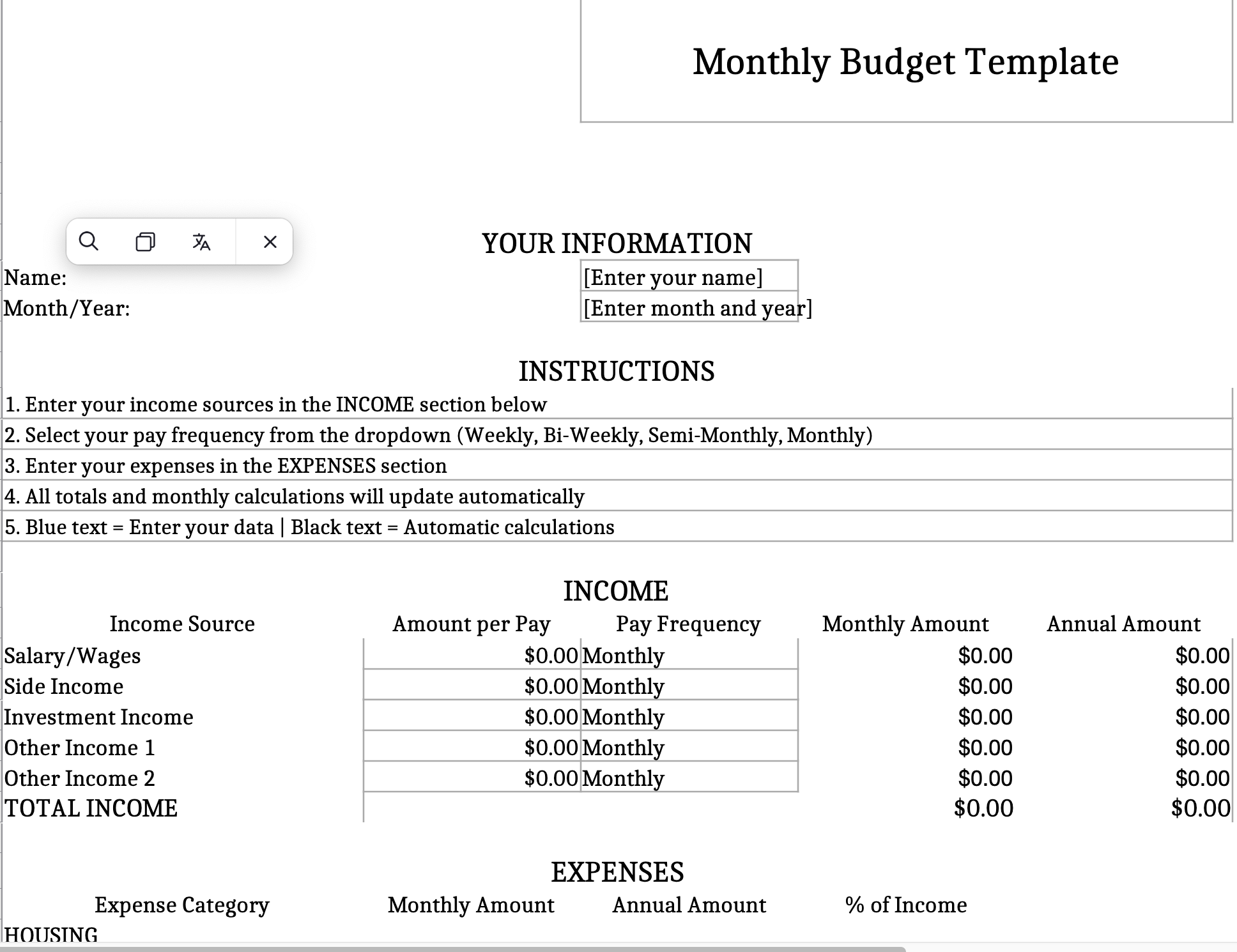 Monthly Budget Template